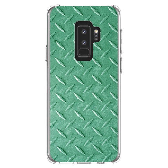 DistinctInk Clear Shockproof Hybrid Case for Samsung Galaxy S9  PLUS (6.2" Screen) - TPU Bumper, Acrylic Back, Tempered Glass Screen Protector - Green Diamond Plate Steel Image - Printed Diamond Plate