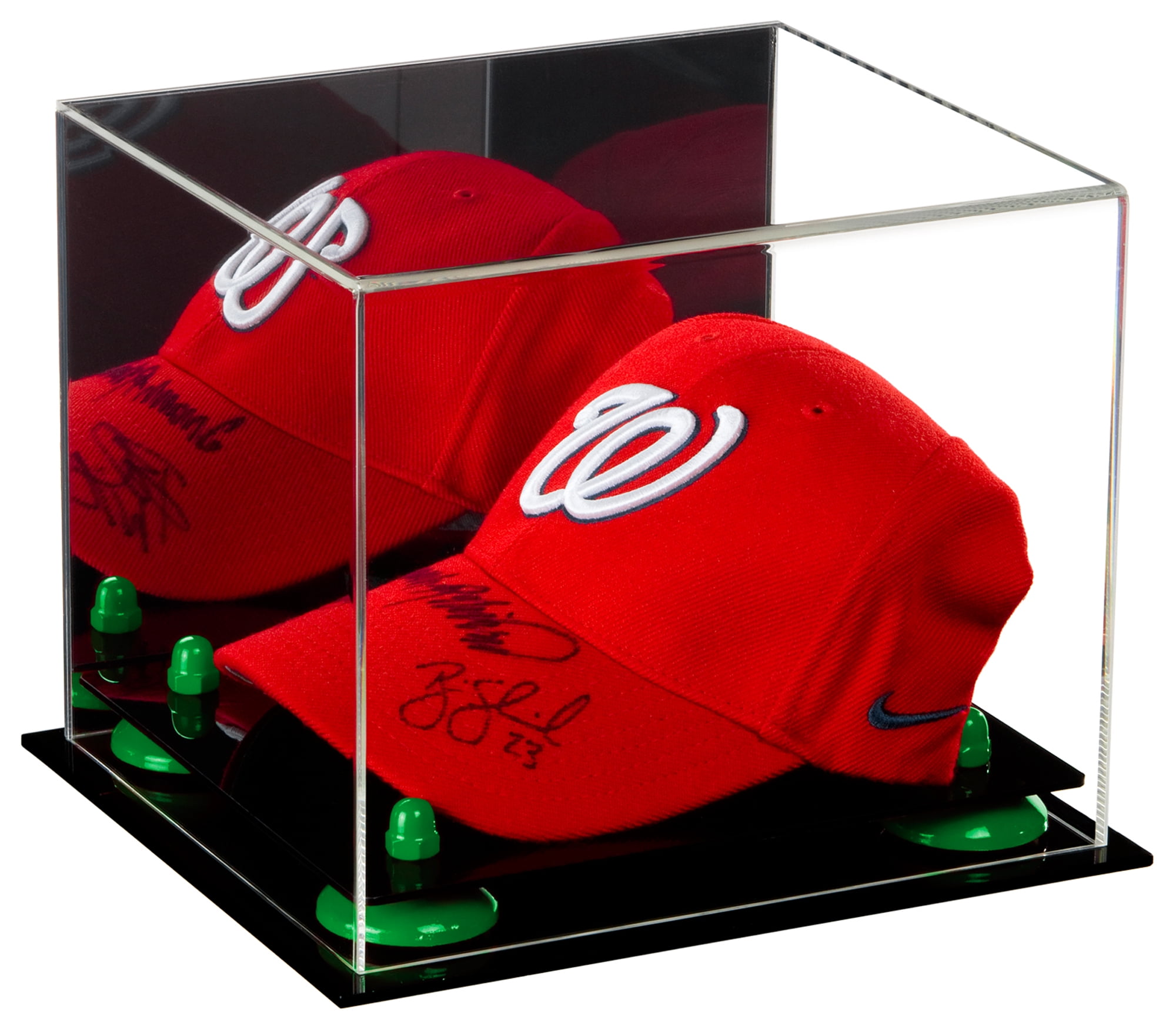 Acrylic Baseball Cap Display Case with Mirror and Green Risers (A006