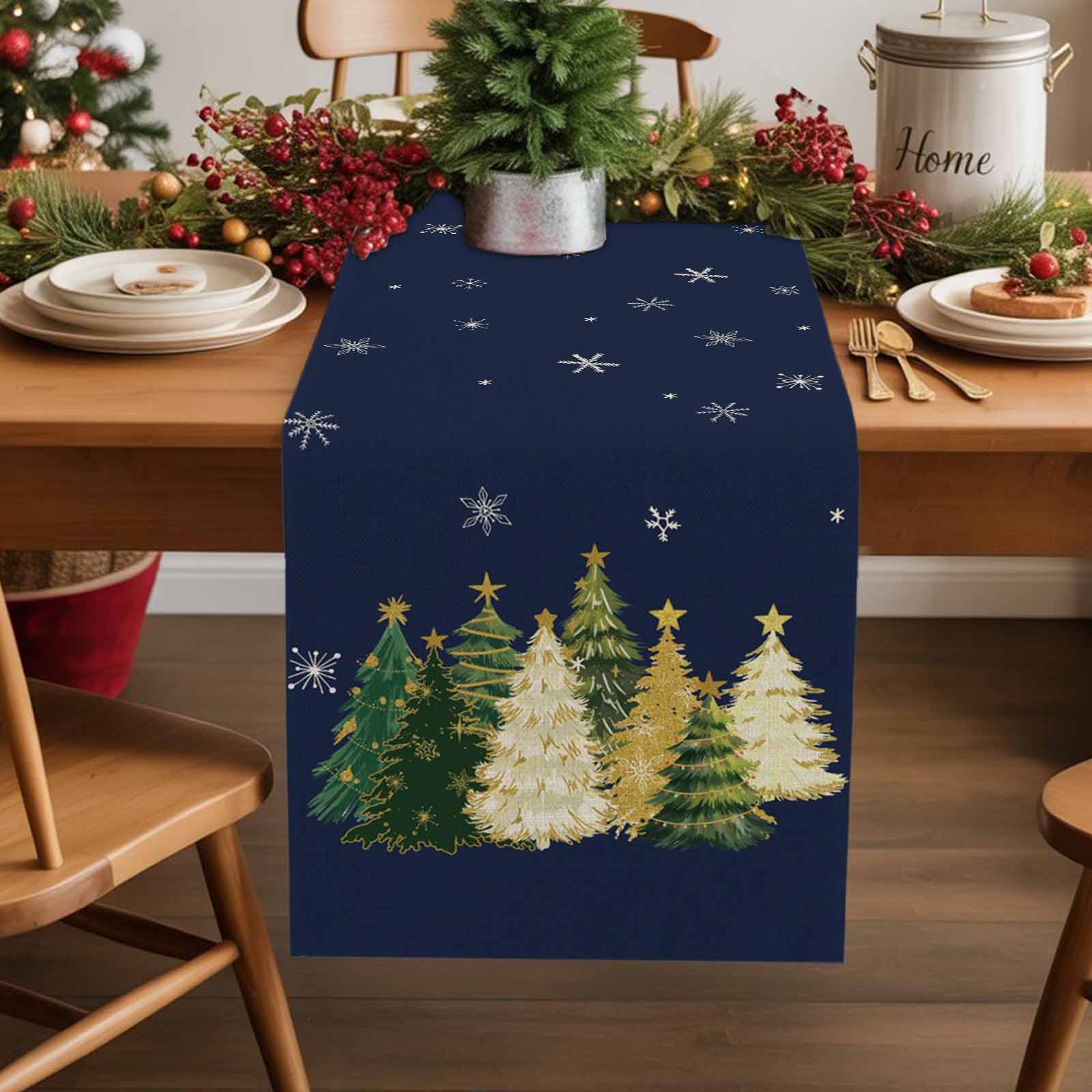 Navy Blue Christmas Dresser Scarf Farmhouse, Dining Table Decorations for Wedding/Parties, Xmas Tree Snowflake Table Runner 72 Inches Long for Kitchen Dining, 14 x 72 In