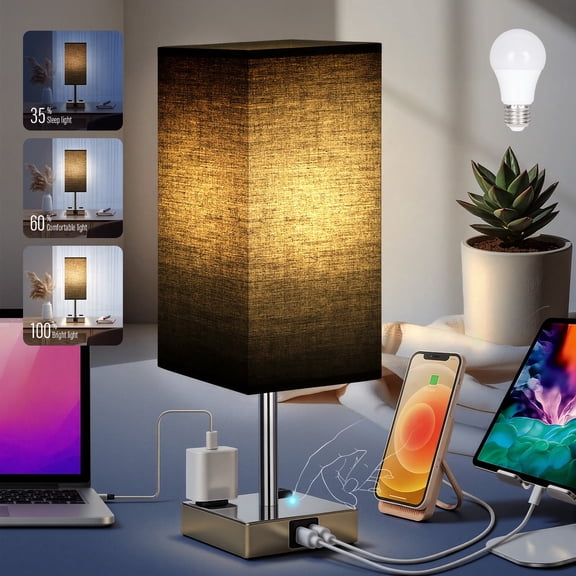 Bedside Table Lamp with USB C A Charging Ports and AC Outlet, 3 Way Dimmable Touch Control Nightstand Lamp with Square Shade for Bedroom Living Room, Bulb Included