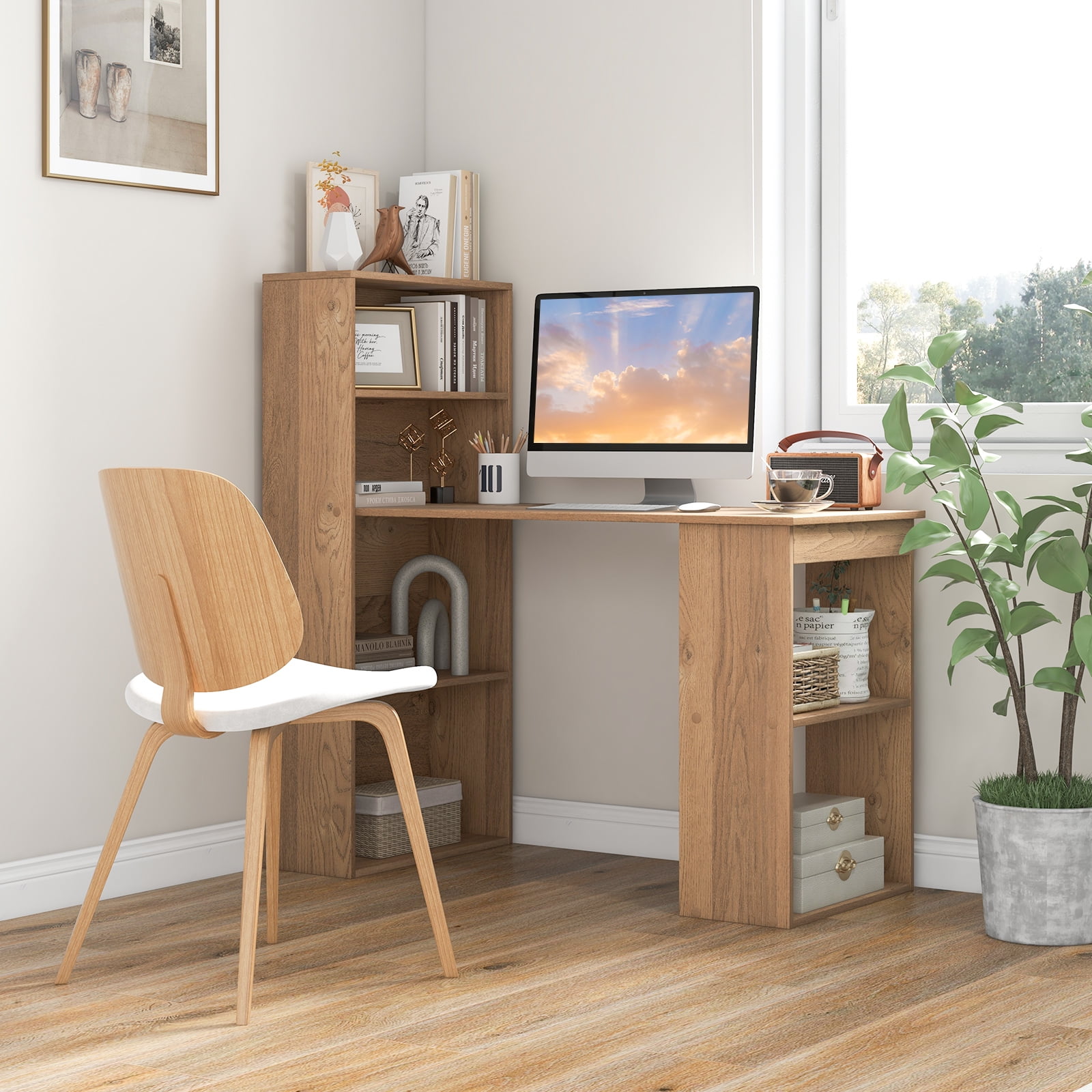 Topbuy 48 Inch Computer Desk with Bookshelf 3-in-1 Home office Desk with 4-Tier Bookcase & CPU Stand Space-saving Reversible Writing Desk Natural