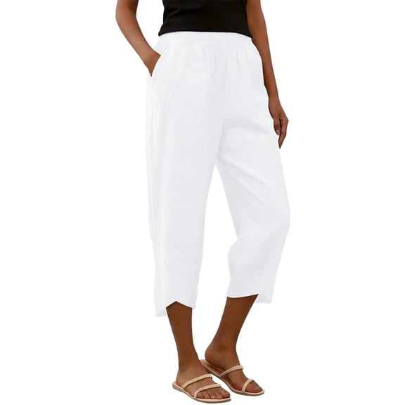 hoksml Women's Elastic Waist Cotton Capri Pants, Casual Loose Wide Leg Trousers with Pockets