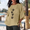 thumbnail image 4 of Inverlee Women's Paw Print Cotton Linen Tshirts Trendy Casual Relax Fit 3/4 Sleeve Tee Tops Summer Versatile Round Neck Blouse, 4 of 6