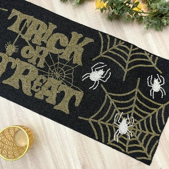 Handmade bead table runner, Halloween trick or treat, Black, gold and white
