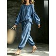 thumbnail image 5 of Women's 2 Piece Outfit, Crew Neck Lantern Long Sleeve Ruffle Hem Top & Elastic Cuff Jogger Pants Linen Look Casual Loungewear Set, 5 of 5