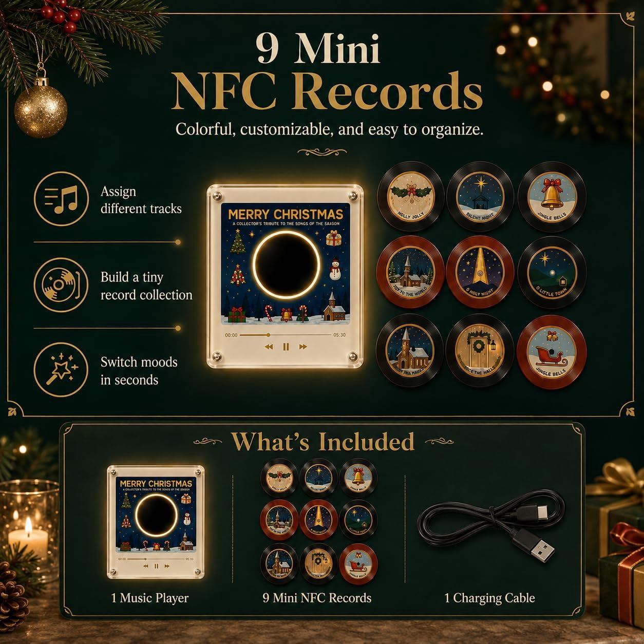 Christmas Fridge Magnet Music Player Set With 9 Vinyl‑Style Discs, NFC Playable Magnetic Music Box, Novelty Home Kitchen Christmas Decor & Holiday Gift