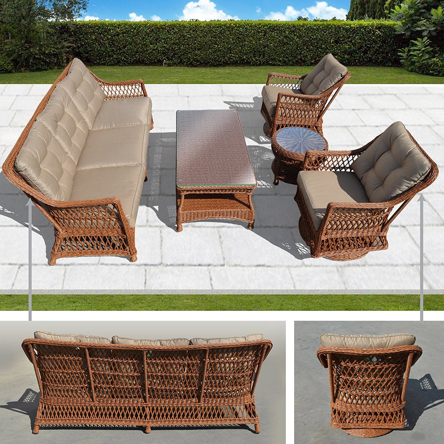 Sunny 5pc Wicker Rattan Table Chair Patio Sofa Furniture Set with Cushions Outdoor Garden W/ 3 Swivel Revolving Chairs and 2 Tables