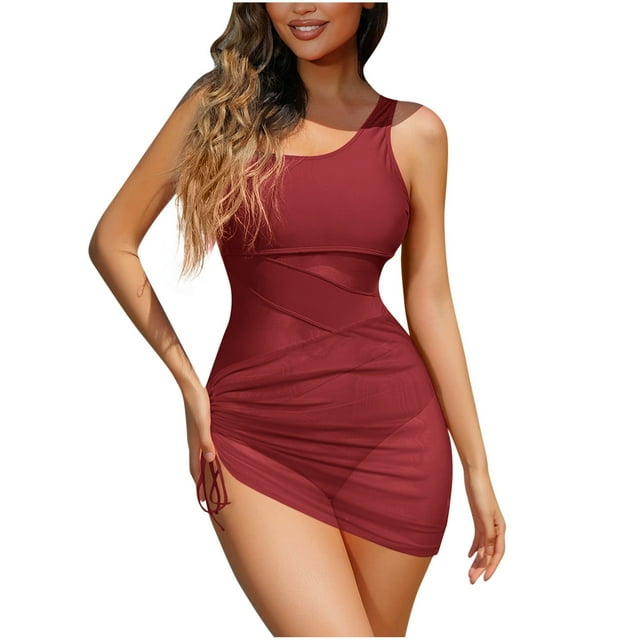 Traje de Baño de Corte Alto para las Mujeres Color Sólido Correa sin Espalda Traje de Baño Sexy con Falda, Cojín de Pecho sin Soporte de Acero, Nylon Spandex Conjunto de Verano