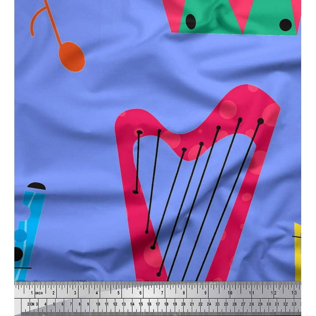 Soimoi Blue Poly Georgette Fabric Guitar & Xylophone Musical Instrument Decor Fabric Printed Yard 42 Inch Wide