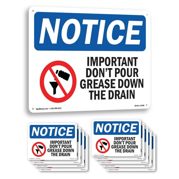 Important Don't Pour Grease OSHA Notice Aluminum Sign 18 Inch x 12 Inch - 10 Pack