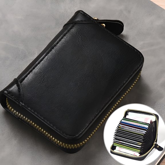 GASTROPOD 12 Card Slots Credit Card Holder Genuine Leather Small Card Case for Women Or Men Accordion Wallet with Zipper(Black)