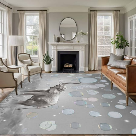 8x10 Area Rugs for Living Room, Gray Elephants Non Slip Area Rugs for Kitchen Bedroom Entryway, Modern Vintage Elephants Blowing Bubbles Washable Carpet Runner Rug Floor Mats for Bedroom Home Decor