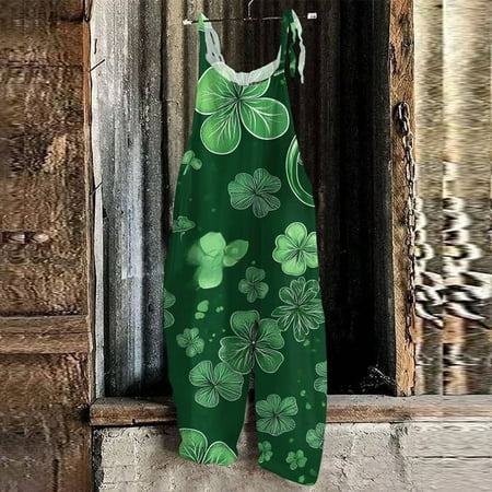 Women Workout Sets  Womens Jumpsuits  St Patricks Day Outfits for Women  Women Bodysuit  Rompers for Women Dressy  Women s Jumpsuit Print Casual Loose Vintage Shoulder Strap Cotton Linen  Green