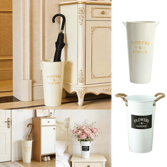 GeBuSn 25cm/9.84in Metal Vases for Flowers - Farmhouse Decorative Tall Flower,Bucket with Handles, Rustic French Planter Buckets for Wedding Decor (Beige)