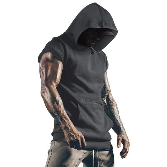 XIAONU Sleeveless Sport Hoodies For Men Loose Kangaroo Pocket Hooded Vest Soft Breathable Gym Hoodie Black L