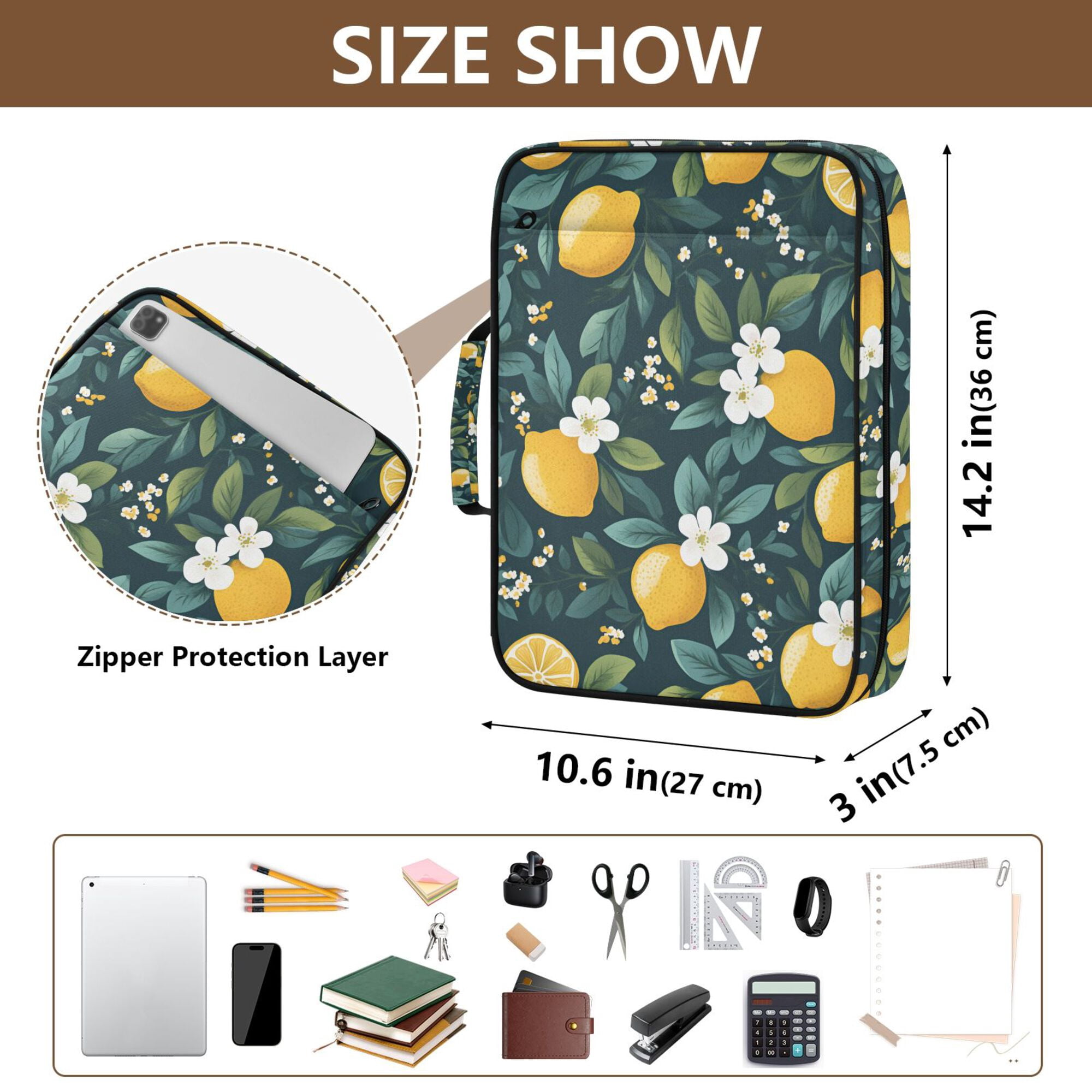 FORMRS Accordion File Folder A4 Size 7-Pocket Expanding Document Organizer Bag with 3 Ring Binder, Yellow Lemons
