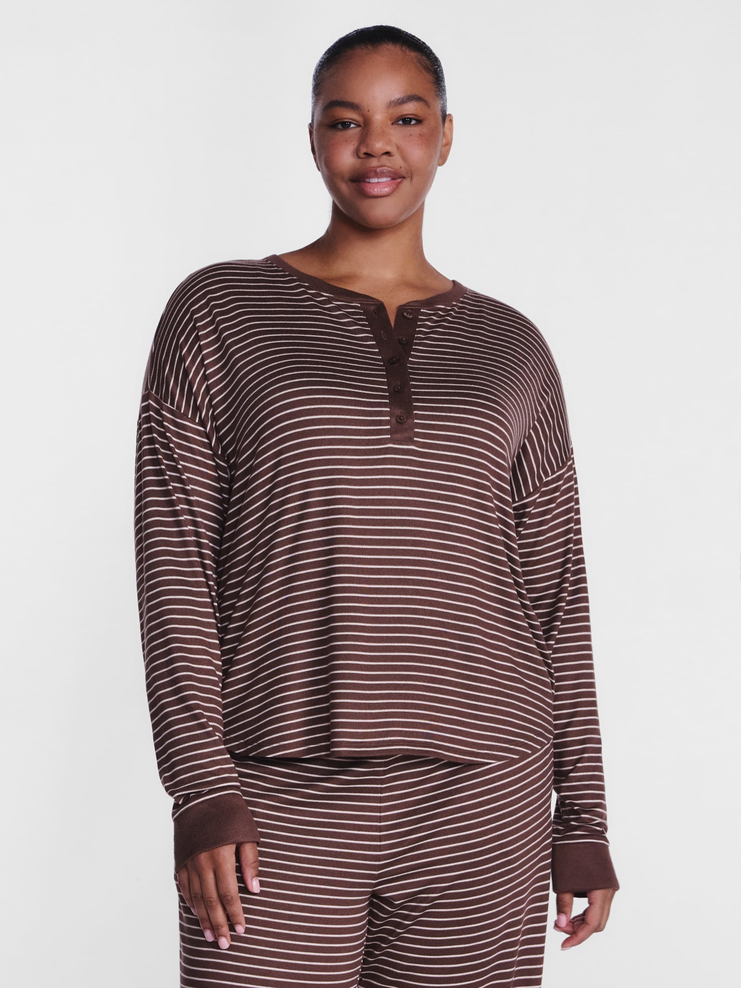 Joyspun Women's Cozy Lounge Collection Hacci Long Sleeve Henley Sleep Top, Sizes XS to 3X