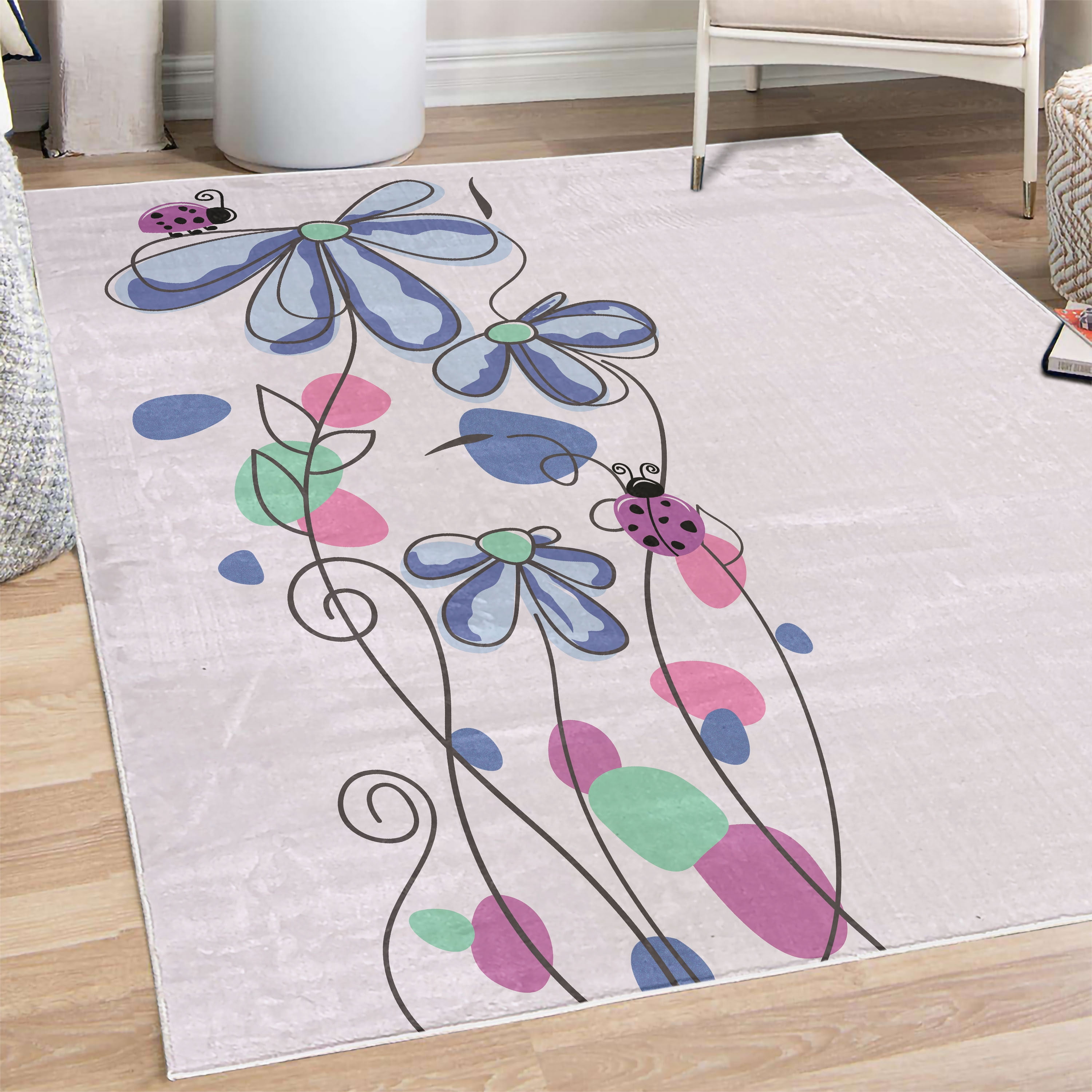Dome Rug Spring Decorative Rug, Flowers Oval Dome-Shaped Ladybugs Illustration ...