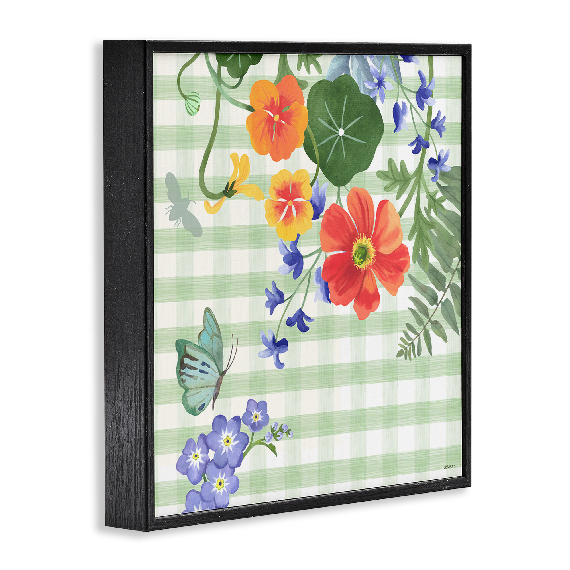 Stupell Industries Green Gingham & Poppies Botanical & Floral Painting Black Framed Art Print Wall Art, 24 x 24