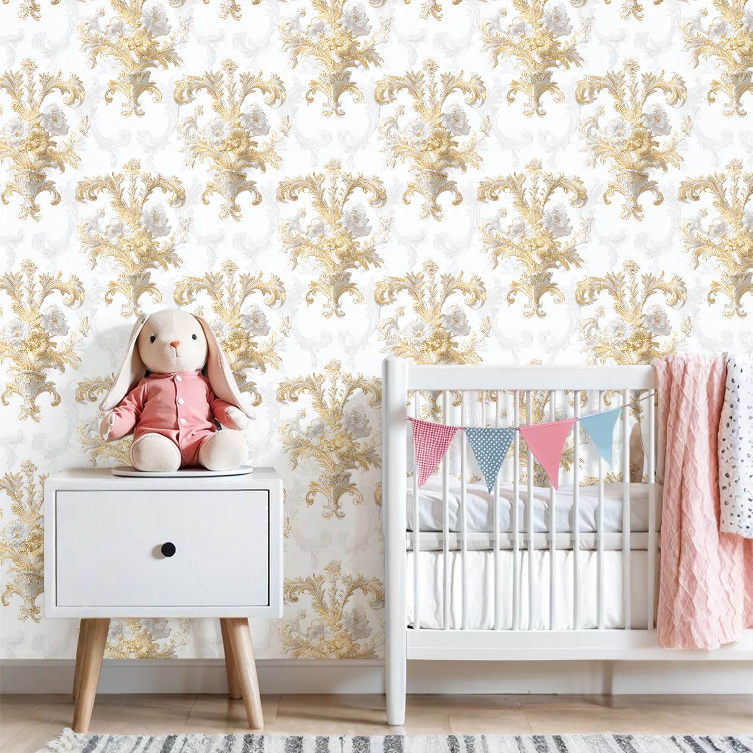 Vintage Peel and Stick Wallpaper 23.6in x 9.8ft Elegant Floral Damask Gold White Detailing Soft White Contact Paper Vinyl Waterproof Self Adhesive Wall Paper for Bedroom Shelf Cabinet
