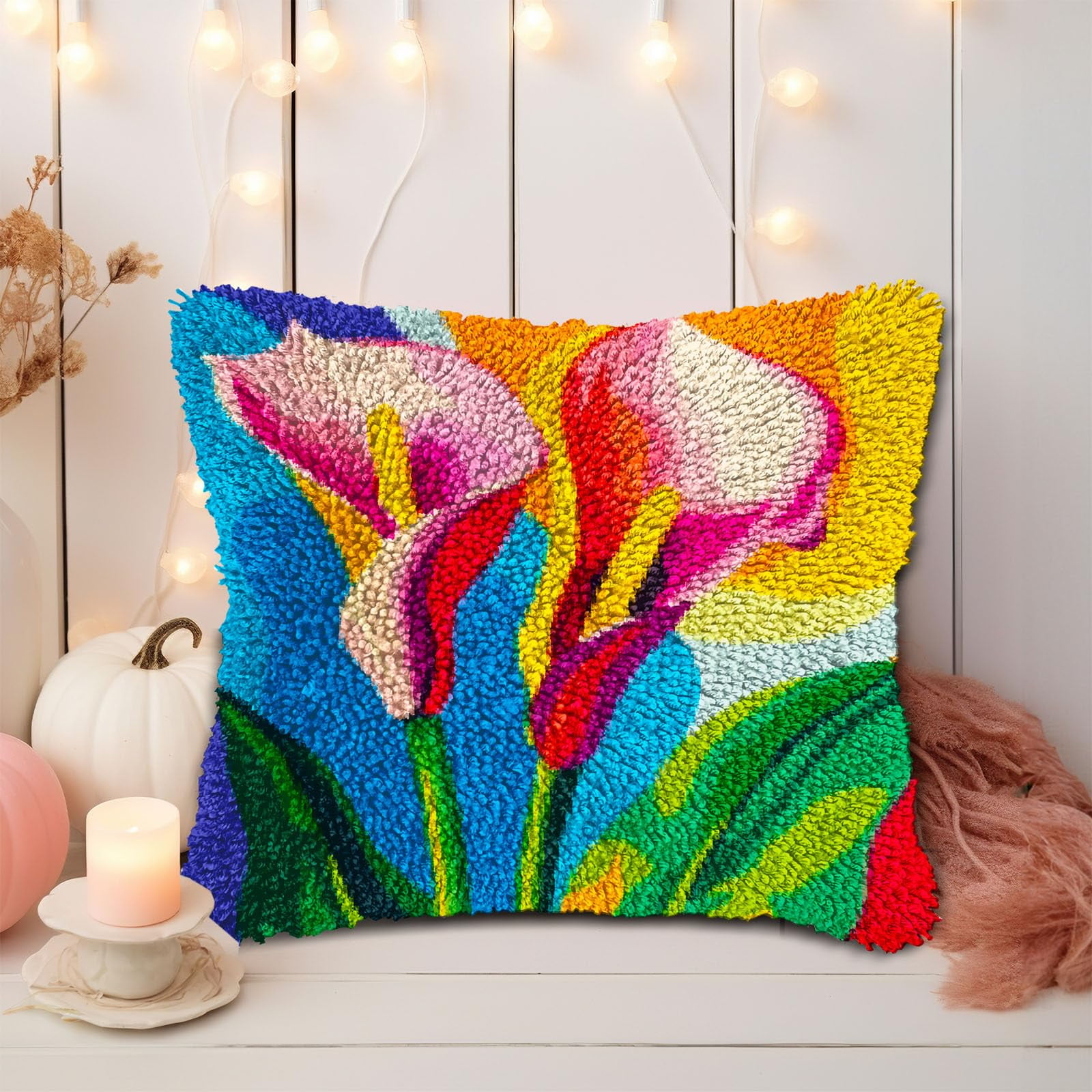 Colored Calla Lily Flower DIY Latch Hook Pillow Kits for Adults Printed Pillowcase Crochet Yarns Hooking Handmade Pillow Cover Cushion for Home Sofa Decoration 17x17inch