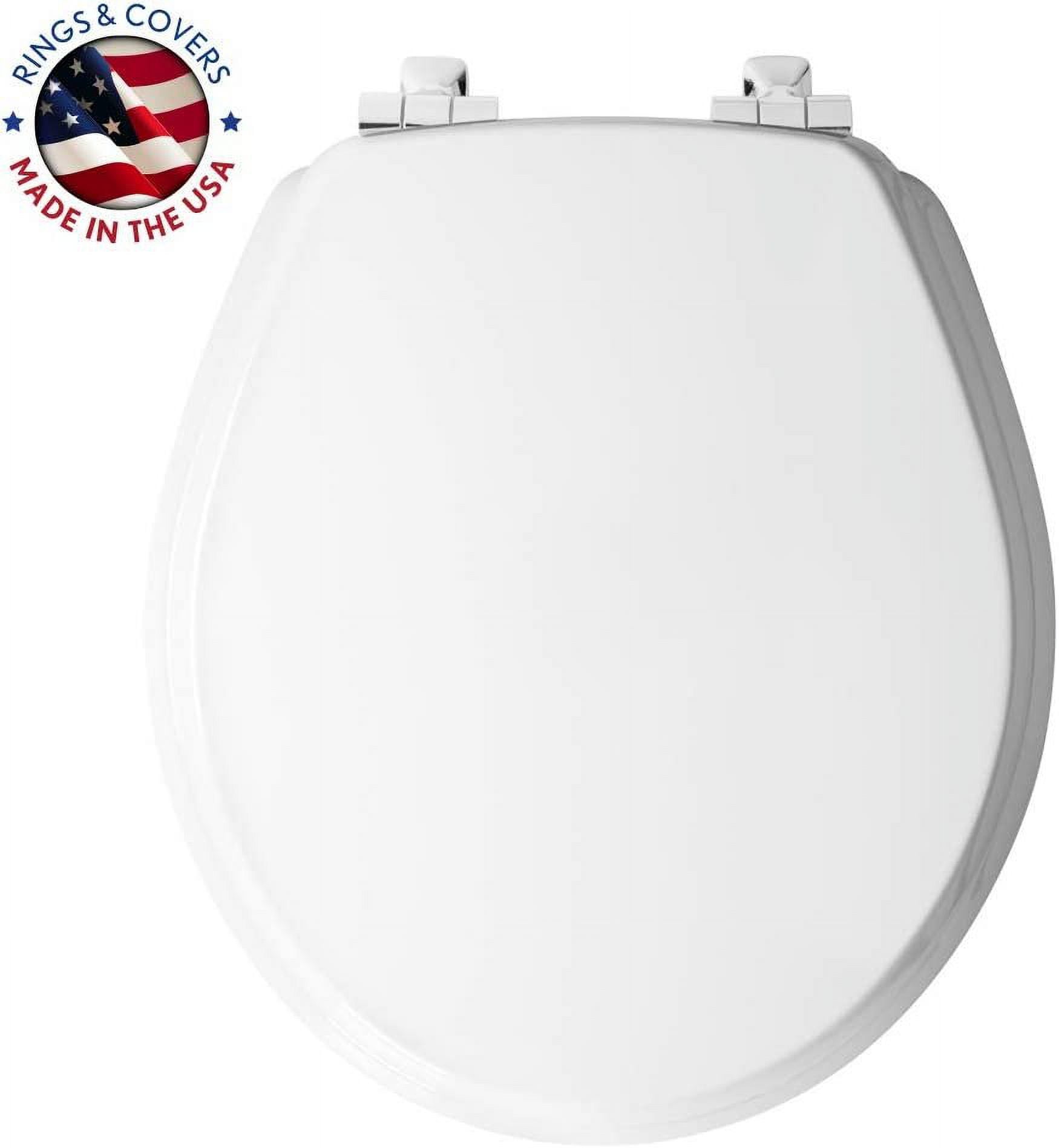 Mayfair Benton® Round Enameled Wood Toilet Seat in White Never Loosens and Soft Close Chrome Hinge