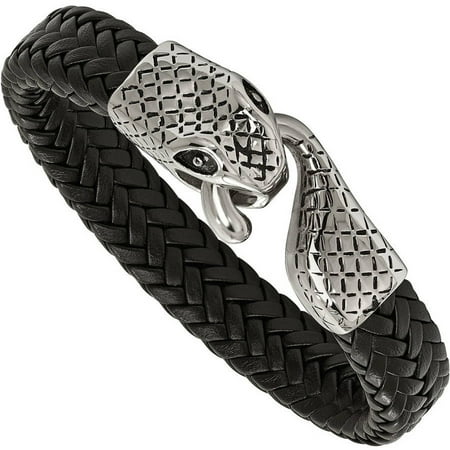 Primal Steel Stainless Steel Polished Leather Strap Snake Bracelet