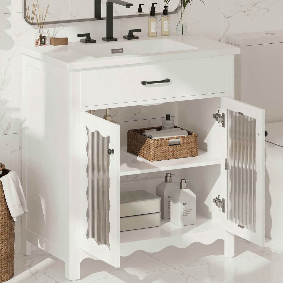 Spaco 31" Bathroom Vanity with Tempered Glass, Modern Bathroom Cabinet with Rubber Wood Legs and Soft Close Doors for Indoor, White