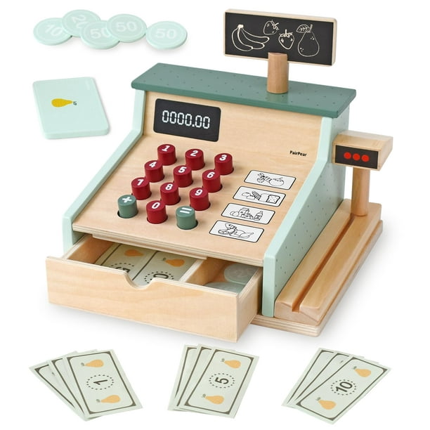 Par de cajas registradoras de juguete de madera Pear Kids con escáner y tarjeta
