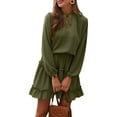 thumbnail image 3 of Sedceaty Women Mini Dress, Long Sleeve V Neck Lacing Solid Pleated Fall Dress for Casual Daily, 3 of 7