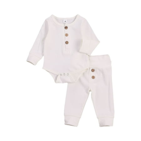 

Canrulo Infant Baby Girls Boys Clothes Long Sleeve Button Romper Bodysuit Pants Pajama Fall Winter Outfits White 6-12 Months