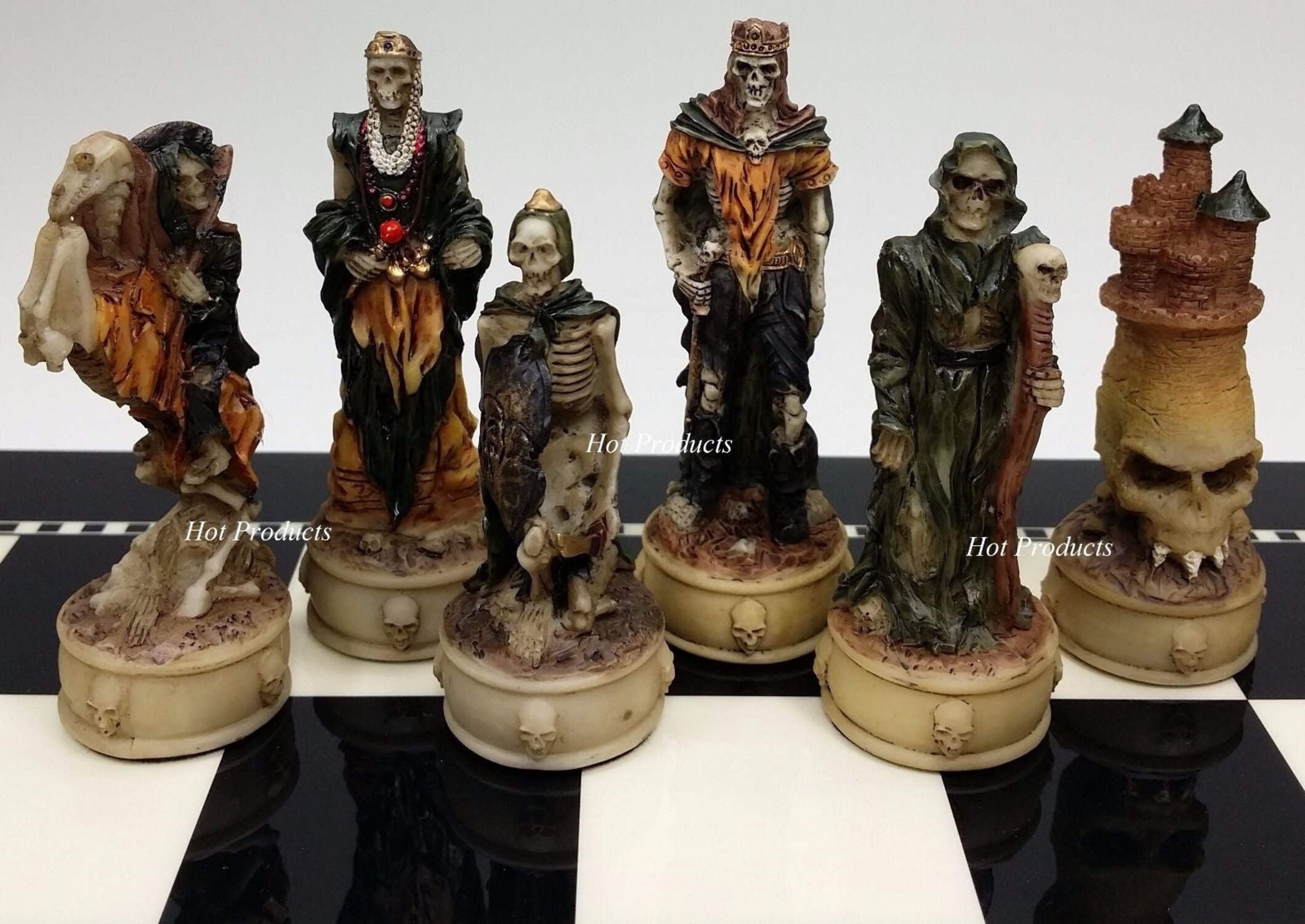 Medieval Times Skeleton Slayer Gothic Skull Chess Set W/ 15" BLACK  WHITE Board