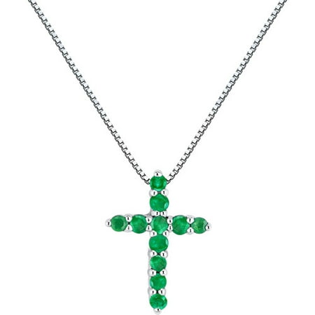0.32 Carat T.G.W. Emerald Sterling Silver Cross Pendant, 18