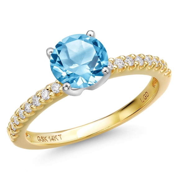 Gem Stone King 14K Two Tone Gold Swiss Blue Topaz and Lab Grown Diamond Engagement Ring for Women | 1.81 Cttw | Round 7MM | Gemstone November Birthstone | Size 7