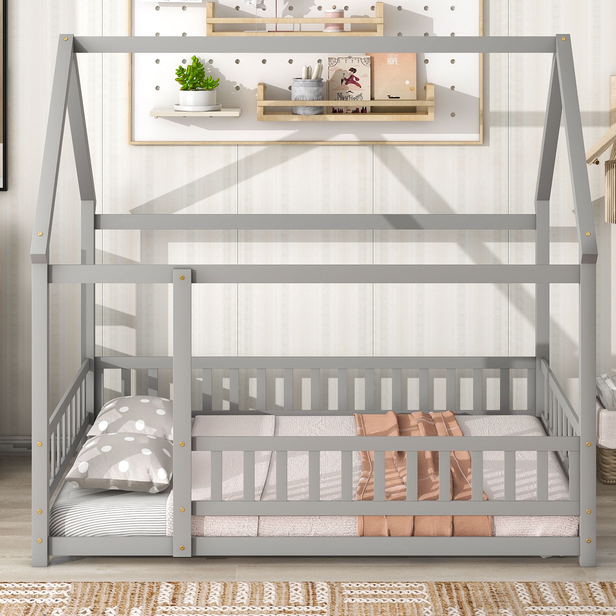 Miniyam Full Size Floor Bed with Rail for Toddler, House-Shaped Desing, Gray