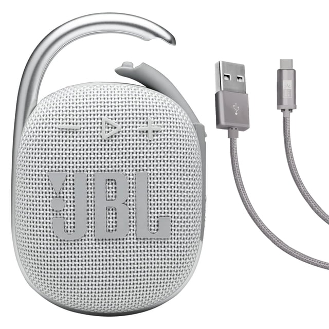 Altavoz JBL Clip 4 White + Case Logic trenzado USB tipo C de 6 pies