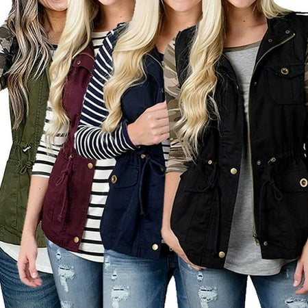 Hirigin Women's Military Anorak Safari Utility Fashion Cargo Sleeveless Drawstring Vest