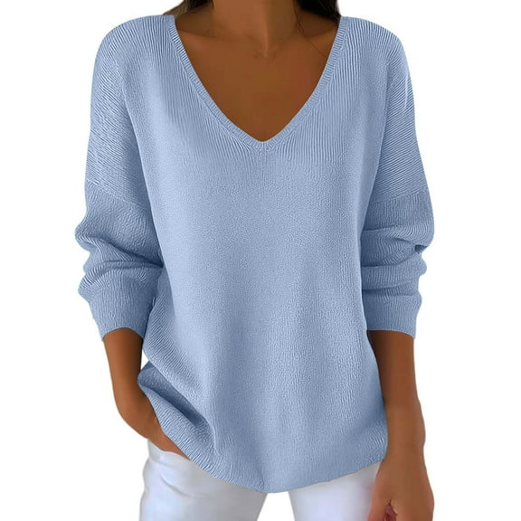 Lenpel Women's Plus Size Tops Soft Long Sleeve V Neck Solid Color Casual T Shirts Loose Tee Blouses Fall Fashion Outfits(Light Blue,X-Large)