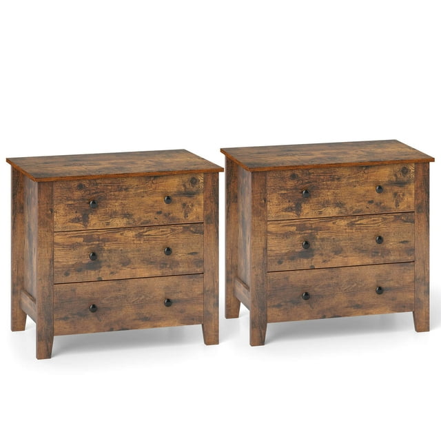 Costway 2 PCS 3-drawer Dresser with Convenient Handles Smooth Slide Rails Accent Table Brown