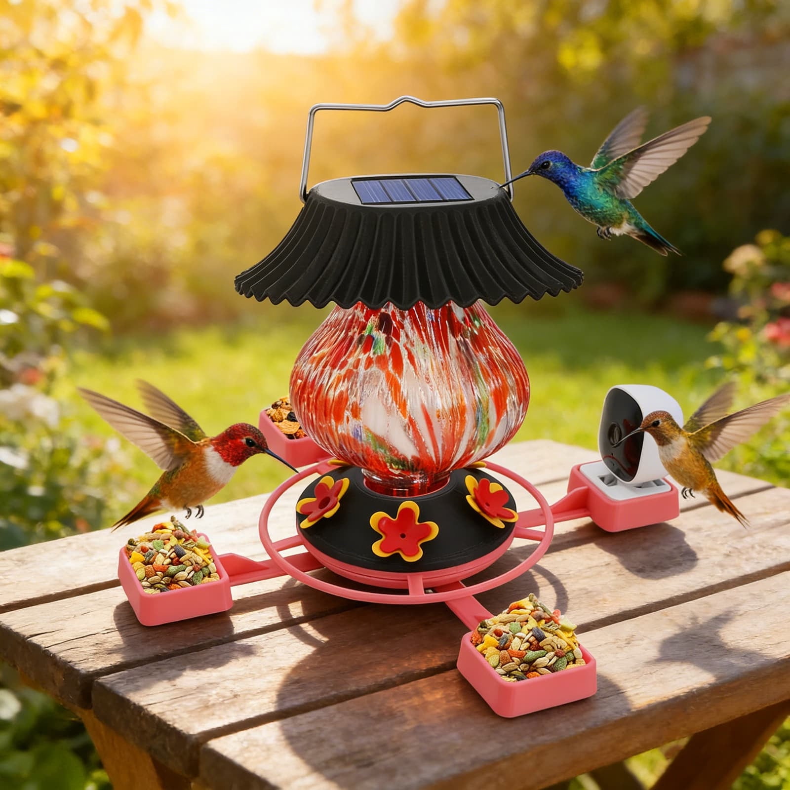 Diceymbol Smart Humming Bird Feeder With 1080P HD Camera Solar Powered Bird Feeder With LED Light 4 Feeding Ports Outdoor Garden Bird Watching Feeder For Patio Backyard