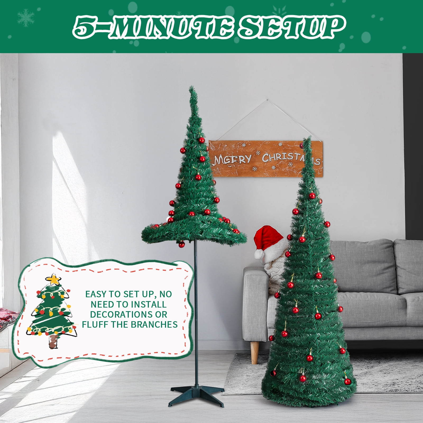 Astoutdoor 2-Pack Artificial Pop-Up Christmas Trees, 6 ft and 5 ft, Green PVC with Red Ball Ornaments