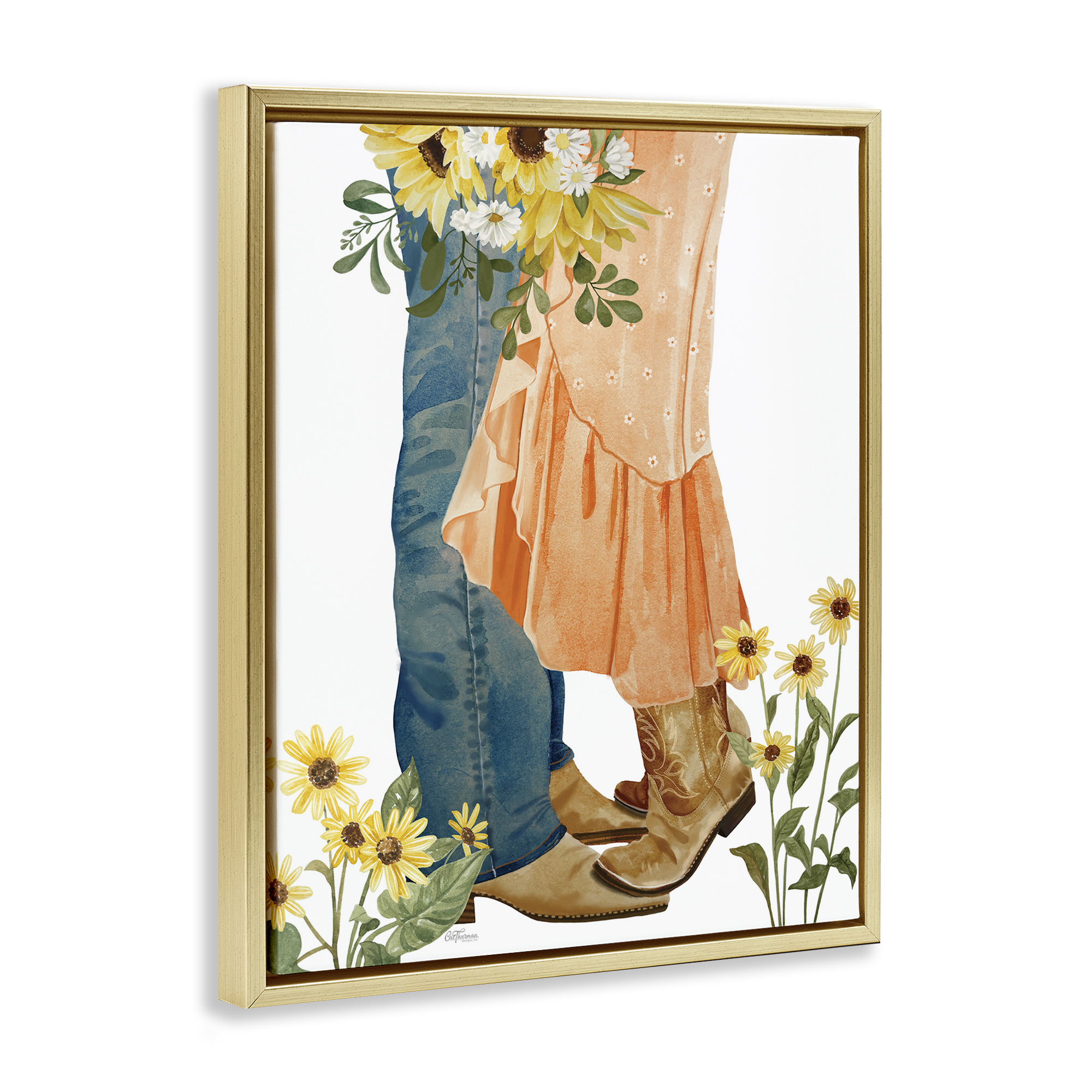 Stupell Industries Floral Western Couple Novelty Painting Gold Floater Framed Canvas Art Print Wall Art, 17 x 21