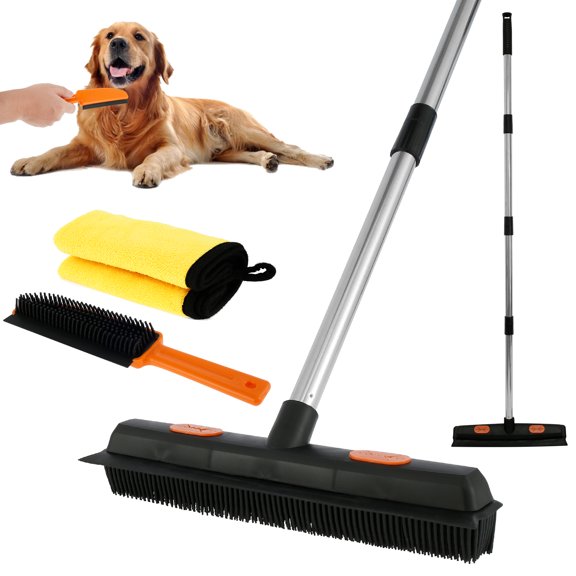 Eummy 3Pcs Rubber Broom with Squeegee Washable Carpet Rake Broom with Adjustable Handle Fur Remover Broom Durable for Tile Floor Carpet