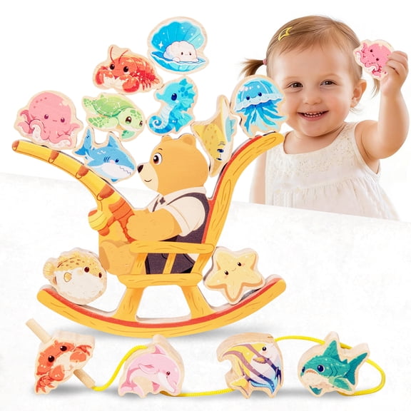 Montessori Toys for Toddlers 1-3, Wooden Animal Blocks Stacking Toy, Building Blocks Game for Boys Girls 2 3 4 Year Old, Educational Threading Toys Gift