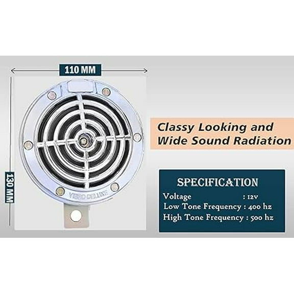 110MM Super Tone Vibro Deluxe Bike Horn Set of 2 Compatible with Royal Enfield Bullet 500 (Pack of 2 Horn with Relay)