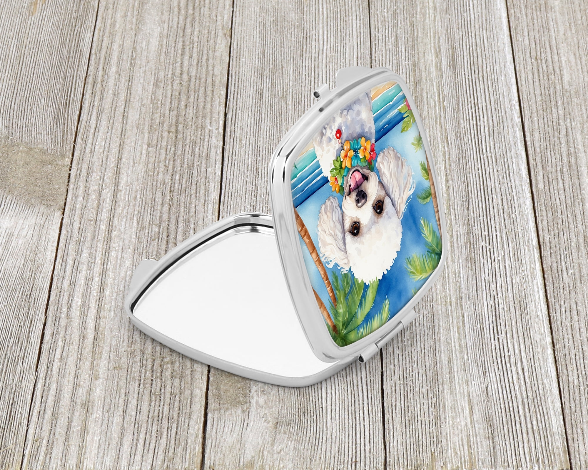 White Poodle Luau Compact Mirror 2.75 in x 3 in