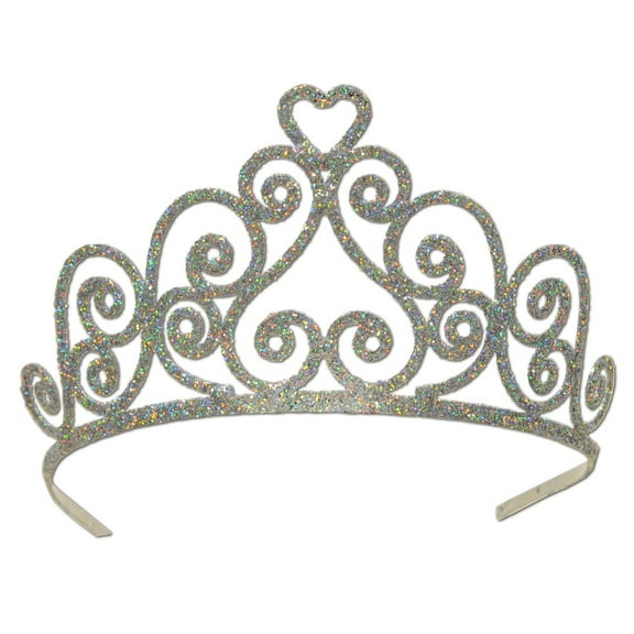 Beistle Pack of 6 Elegant Silver Glitter Encrusted Metal Heart Princess Tiara Costume