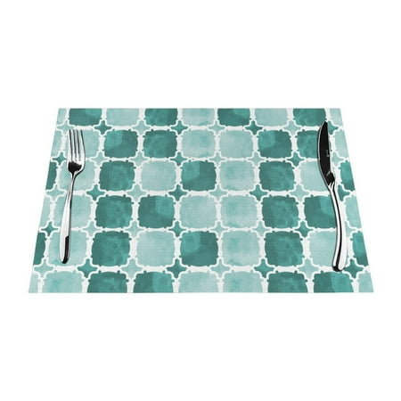 

XMXT Woven Placemats Set of 4 Teal Quatrefoil Print Stain Resistant Table Runner Anti-Skid Place Mats for Dining Table 12 x 18 inches