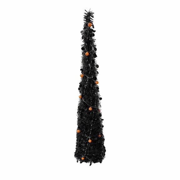 Lighted Black Halloween Tree, 13''x59'' Fall Tree with LED Lights, Collapsible Battery Orange Lighted Tree, Christmas Tinsel Pencil Artificial Tree for Outdoor Indoor