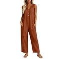 thumbnail image 2 of Women's Sleeveless V‑neck Linen Jumpsuit, Button Front Wide Leg Pants with Pockets, Casual Vacation Overalls Orange XXL, 2 of 8
